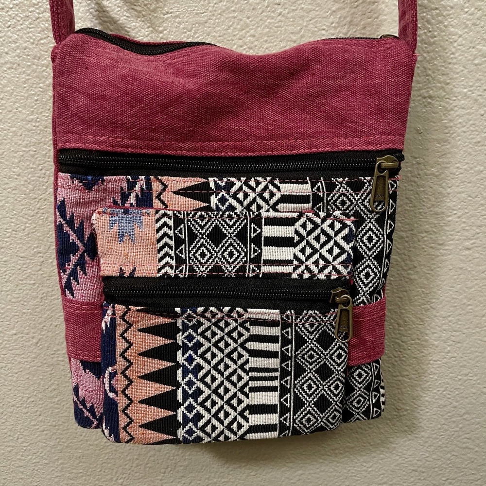 Siddhartha Foldover Crossbody Bag Canvas Tapestry Patchwork Berry‎ Boho Ethnic